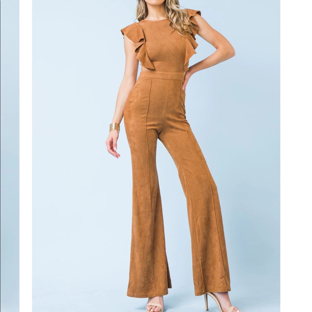 Tan Suede Ruffle Jumpsuit - Picture 2 of 3